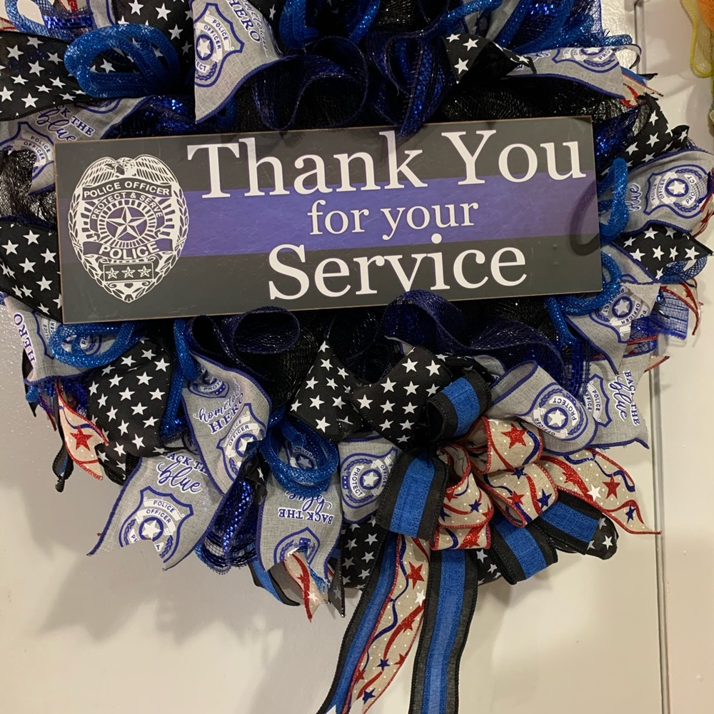 Hand Crafted Blue and Black Holiday Wreath Police officer Support